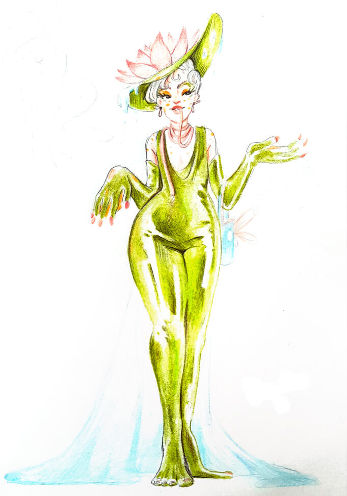 Frog drag queen (colour pencils)