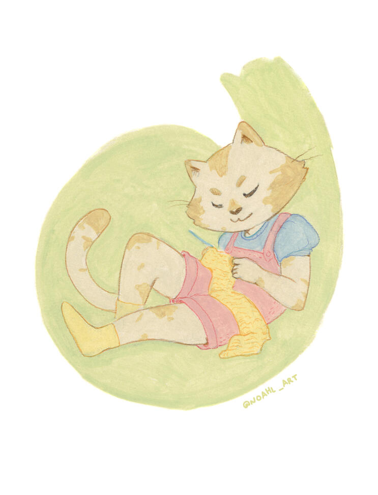 Knitting kitten (gouache/ colour pencils)